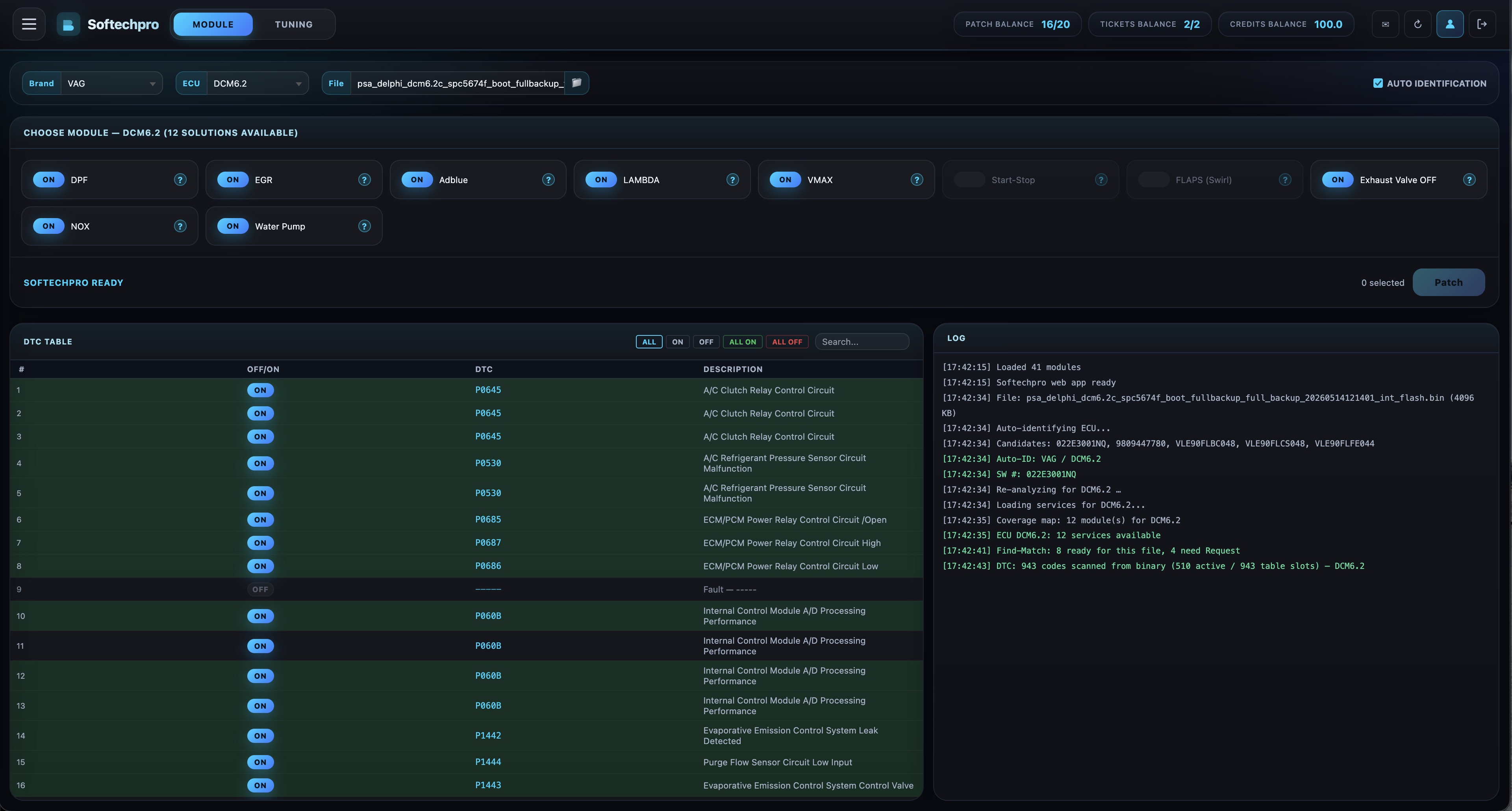 Softechpro 2.0.4 tuning panel — module selection and DTC engine